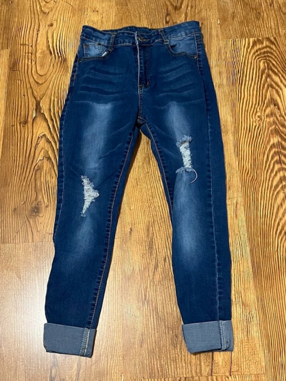 Shein Distressed, Cuffed Skinny Jeans/Jegging, Medium Blue, Small